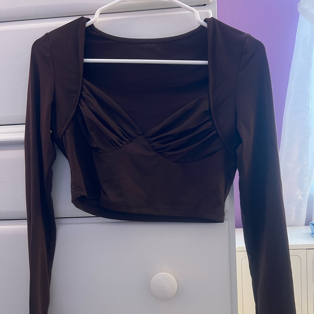 SHEIN Dark Brown Long Sleeve Crop Top